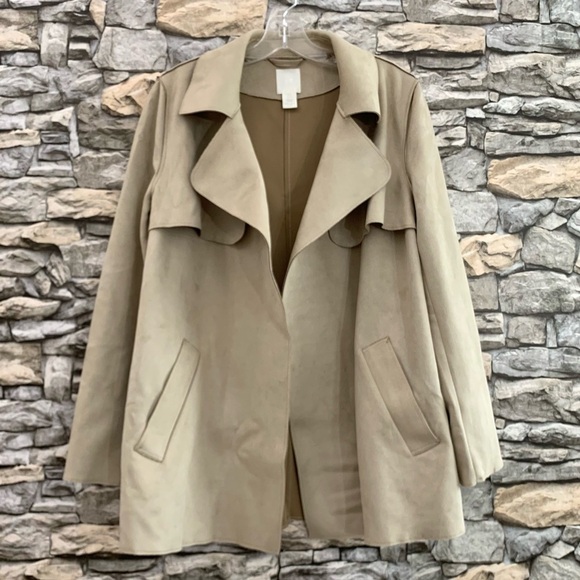 #13 Vintage H&M Tan Faux Suede Khaki Belted Short Open Trench Coat Jacket 10 - Picture 3 of 5